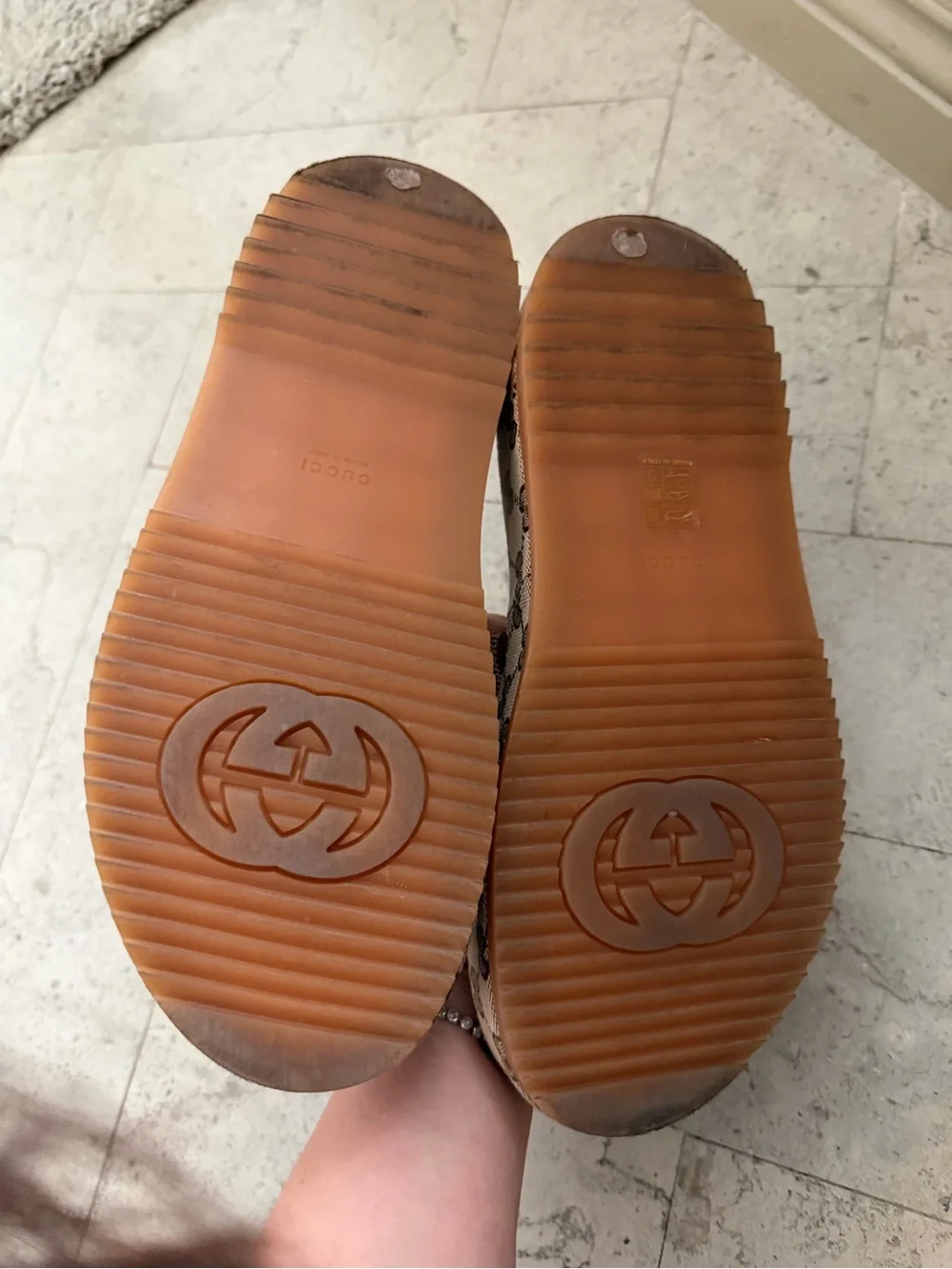 Gucci Brown Beige GG Logo Slide Sandals